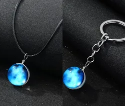 Solar System Necklace Galaxy Planet Pendant Double Side Glass Crystal Ball Universe Necklace Key chain Handmade Jewelry Set