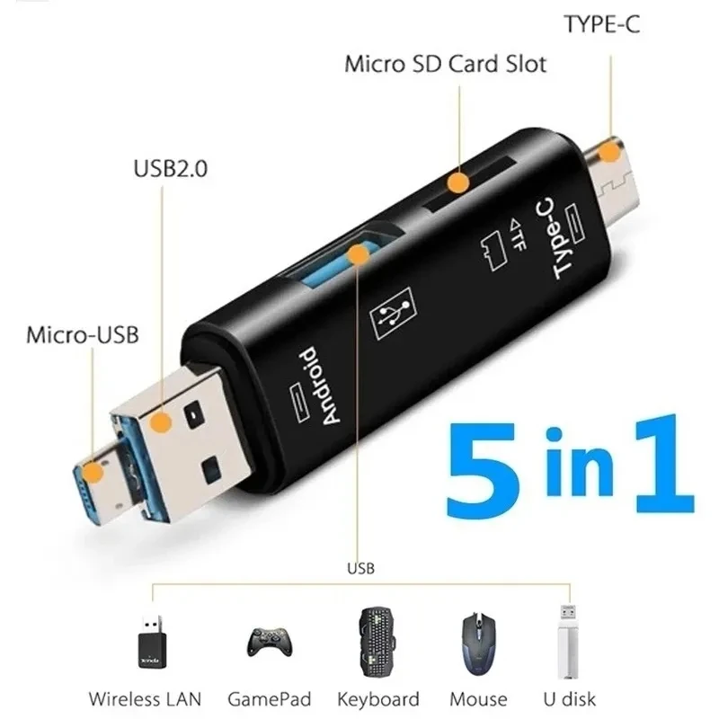 5 in 1 Multifunction Type C Micro USB to USB OTG USB 2.0 TF Card Reader Adapter Type-C Flash Drive Adapter For Android Computer