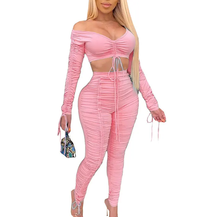 Fashion long sleeve crop top and leggings pants streetwear 2 piece set women