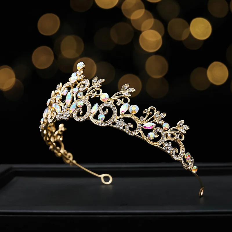 DAIMING HG02134  New Design Wholesale Bridal Wedding Gold AB Rhinestone Crowns Cheap Prices Crystal Alloy Metal Crown Tiaras