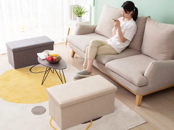 Living Room Furniture Fabric Linen Collapsible Toy Footrest Foldable Ottoman Bench Storage Box Stools Ottoman Home Organization
