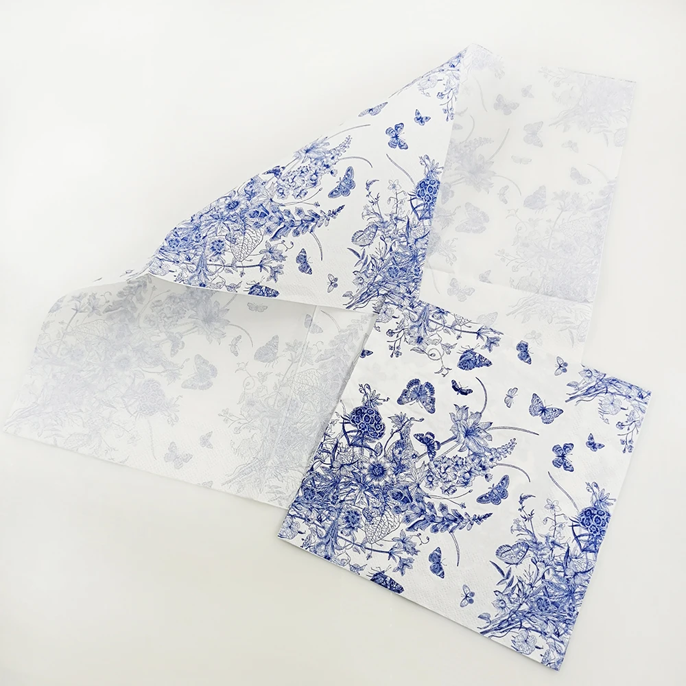 Wholesale printed tissue paper disposable napkins 33*33 CM blue butterfly pattern paper napkin high grad table napkin