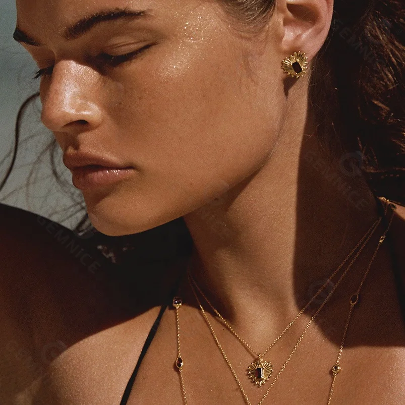 Gemnel high quality sunburst studs rectangular garnet stones classic 14k gold heart 925 sterling silver earring