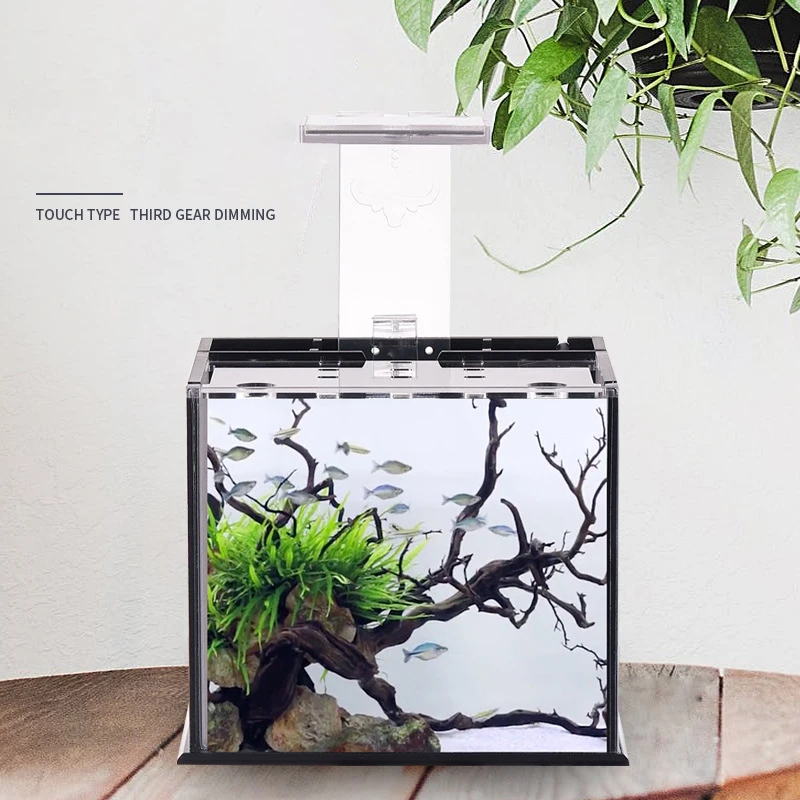 Mini Desktop Fish Tank Aquarium Ecological Creative Small Acrylic Fish Tank With Clear Lid Filter Pump And LED Light Decorations