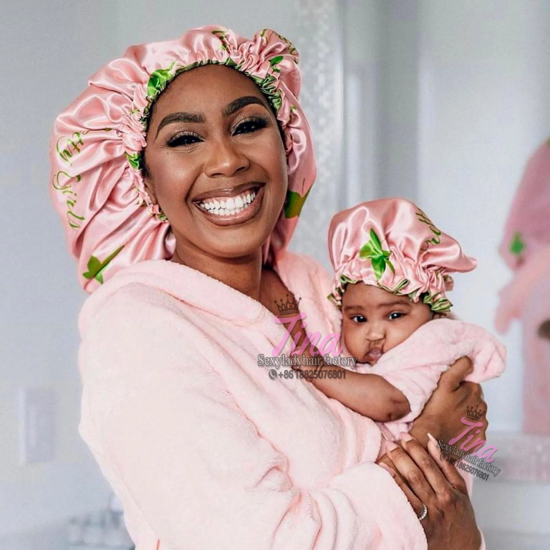 Private Label Custom Logo Print Soft Satin Night Sleep Durags Bonnet with Silk Hair Wrap Elastic Band Set Mommy and me bonnets