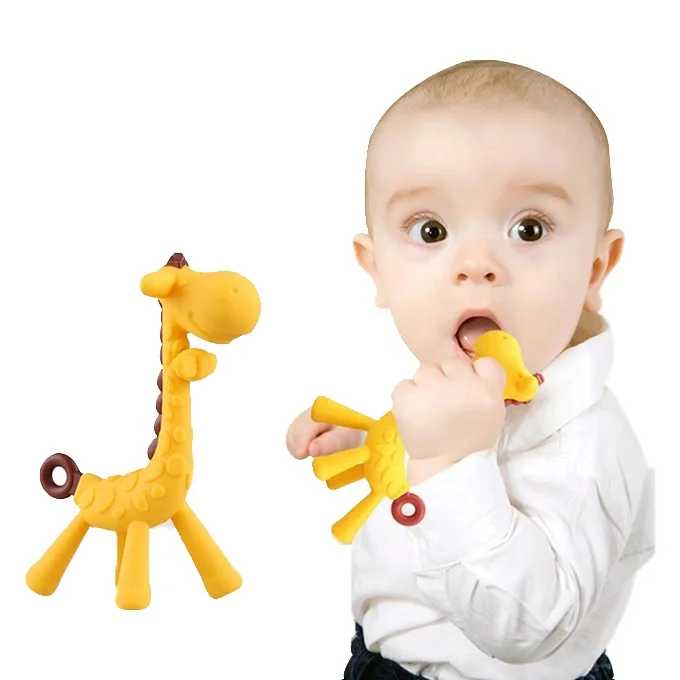 Huiye Bpa-Free Baby Giraffe Teether Toys Cute Food Grade Silicone Chew Toys Anti-Swallowing Ease Discomfort Baby Teether Toys