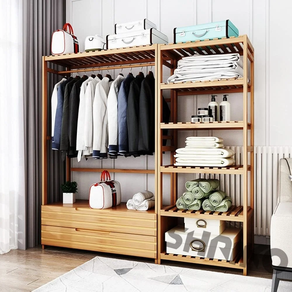 Multifunctional bamboo clothes rack, clothes rack with drawers for storage and organization, bedroom storage rack