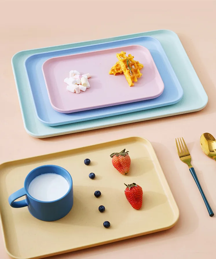 Eco-friendly Plastic Plate Reusable Rectangle Food Serving Tray Wheat Straw Dishes & Plates For Home Restaurant