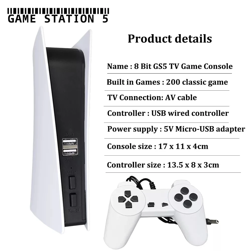 New TV Game Console 8 Bit Game Box With 200 Classic AV Output GS5 Retro Video Mini Game Station With Dual Wired Controllers