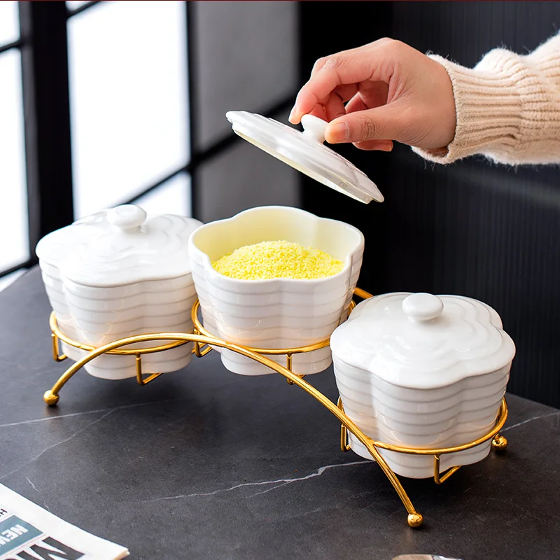 250 ml DIY 3 Pack Condiment Dispenser Spice Jar Square Sugar Bowl Porcelain Condiment Jar with Metal Stand