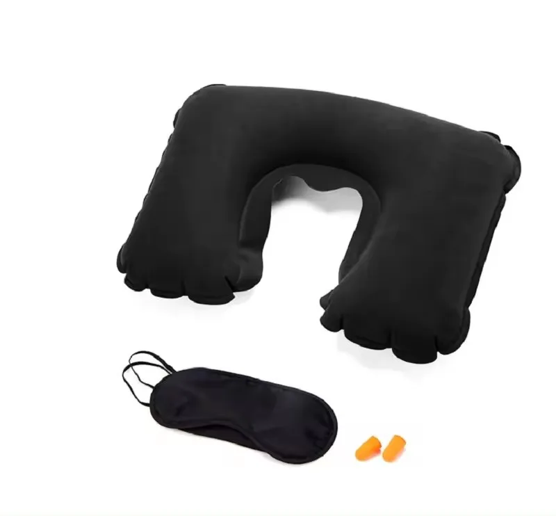 1 Set 3 in1 Travel U-shaped Pillow Flocking travel set Inflatable Neck Air Cushion Pillow Eyeshade with Ear Plug