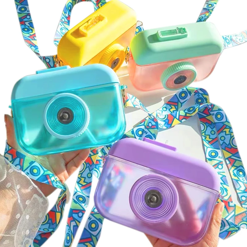 New children kids plastic drinking milk straw cups outdoor travel sports portable camera water bottle with strap for kids school