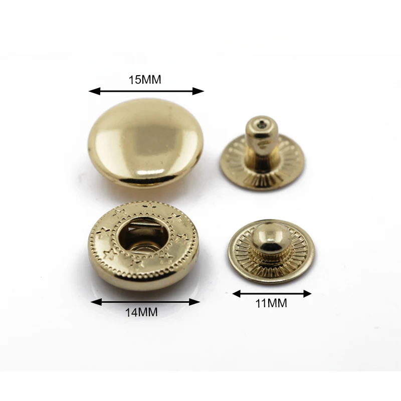 Wholesale 15mm light gold press button snap metal for fabric bag shoulder strap custom metal snap button