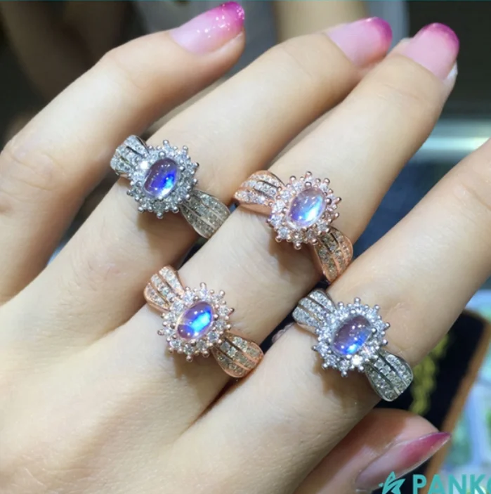 Wholesale 925 Sterling Silver Luxury Natural Blue Rainbow Moonstone Ring Jewelry for Women
