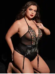 Sexy Mesh Transparent Perspective Flower Bone Clothes Mature Lingerie Plus Size Bodysuit For Women