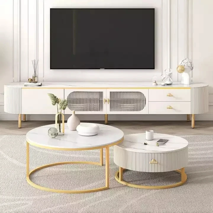Youtai modern white TV stand and coffee table set marble top luxury living room home TV stand furniture set