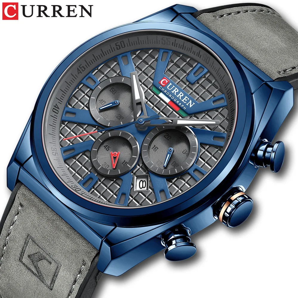 CURREN 8392 Men Casual Watch Date Chronograph 24 Hours Display Leather Strap Quartz Watch