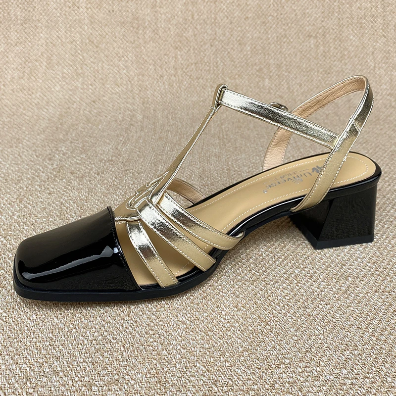 Universe P121 Patent Sheepskin SquareToe New Arrivals Ladies Sandals Factory Handmade Genuine Leather Sandals Women