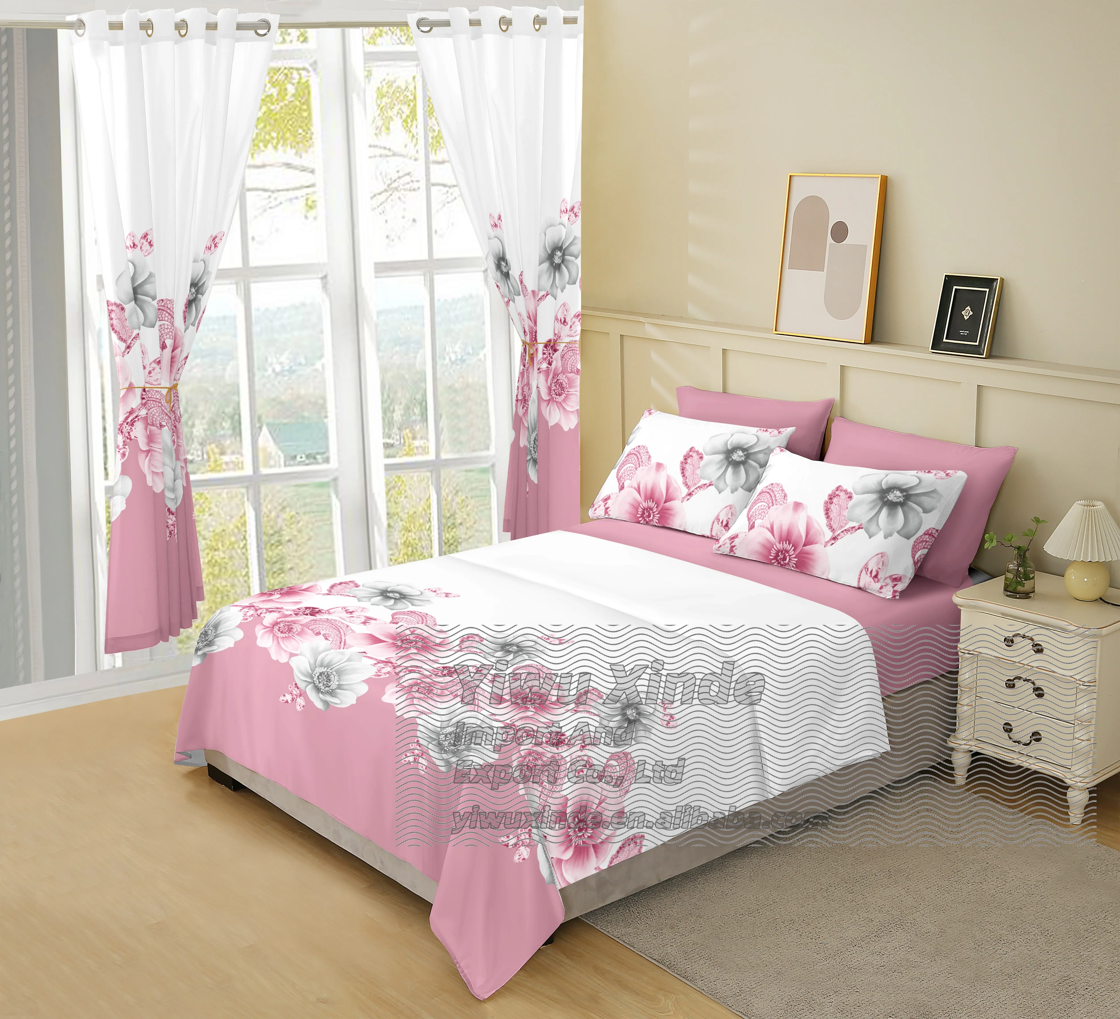 8pcs Flowers Plant Pattern Bedding Sheets for King Size Bed Sheet Set with Curtains