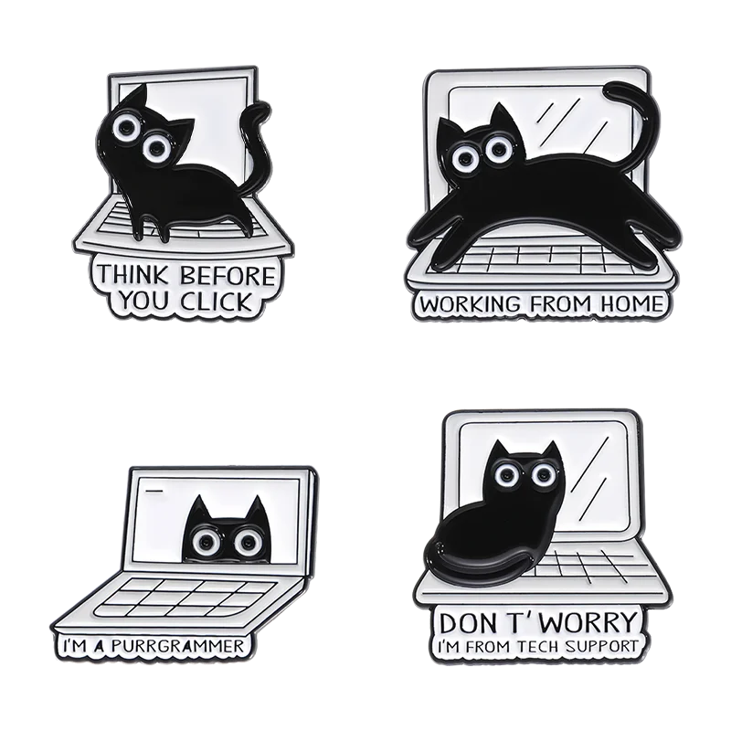 Black Cat Enamel Pins Custom THINK BEFORE YOU CLICK Brooches Lapel Badges WORKING FROM HOME Funny Jewelry Gift for Friends
