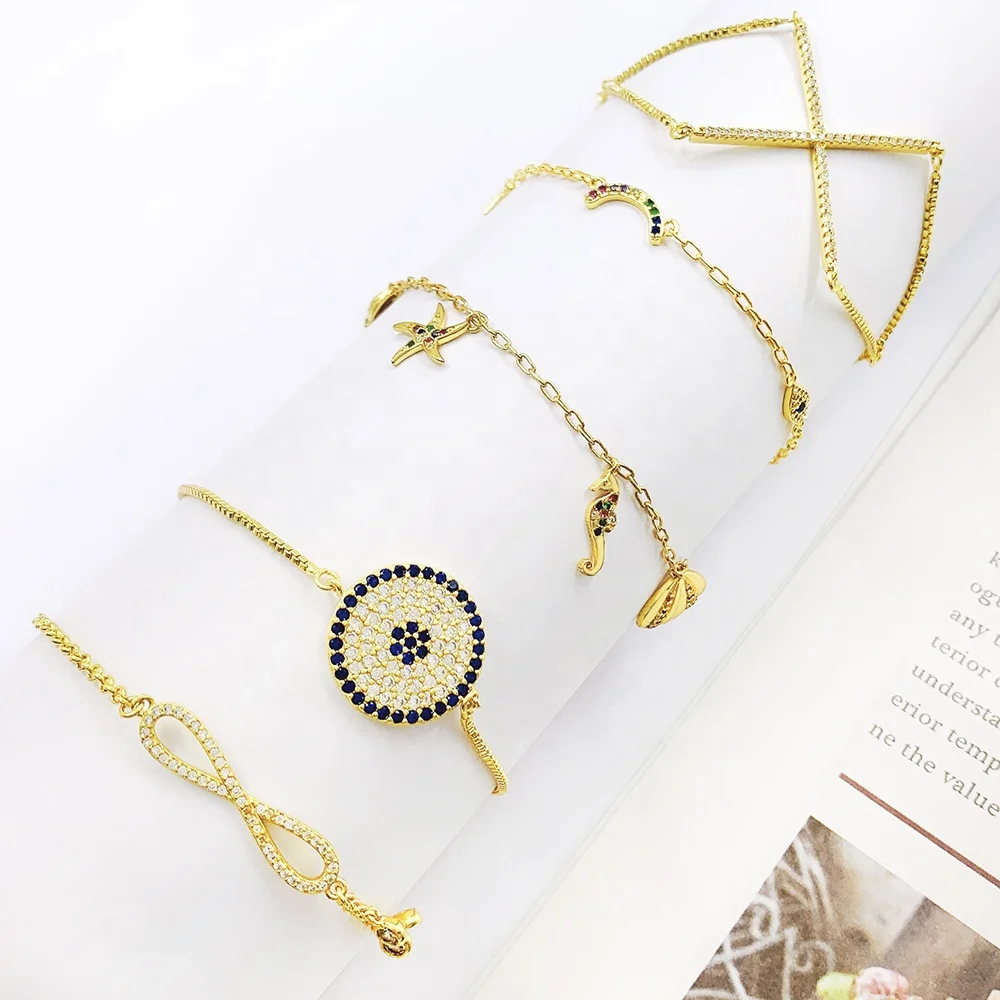 Wholesale Turkish gold plated bracelet iced out diamond Cross shell conch star flash eye Charms bracelet