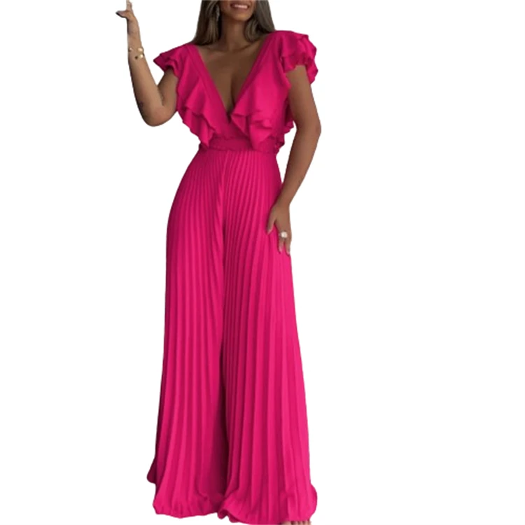 Ladies Summer One Piece Plus Size Clothing Solid V-Neck Pleated Wide Leg Loose Women Rompers Holiday beach Plus Size Jumpsuits