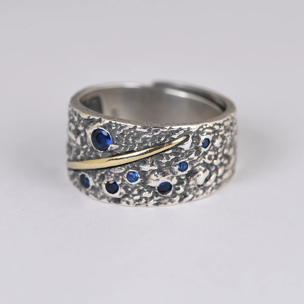 punk 925silver ring Retro personality hipster fashion ring Blue zircon S925 silver yellow part is copper