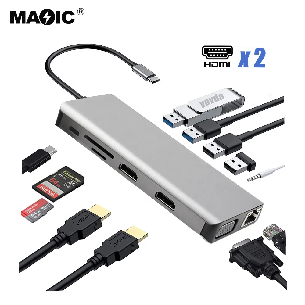 Док-станция для ноутбука 12 в 1 Usb Type-c 4 к Hdmi Vga USB 3 0 PD Tf