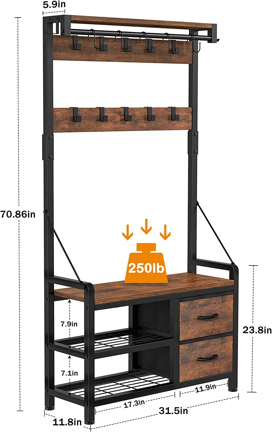 Coat Rack, Hall Tree with Shoe Bench for Entryway, 3-in-1 Shoe Rack  for home Freestanding Accent Furniture