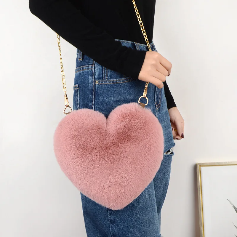 Fashionable Autumn Winter Women Lady Gold Metal Chain Fake Rabbit Fur Heart Message  Bag