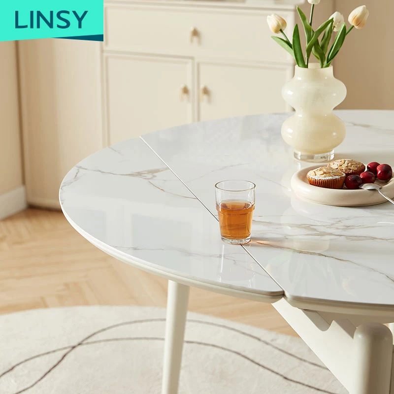 Linsy Folding Round Table Simple Household Extendable Stone Slab Wood Dining Table Set with 4/6 Chairs