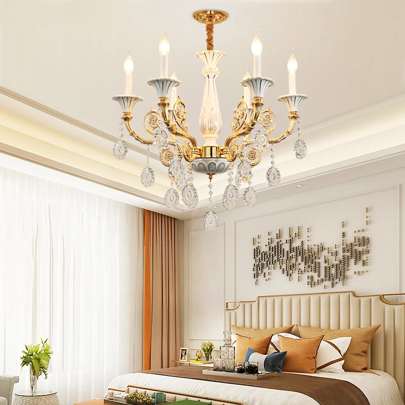 Crystal Ceramic Chandelier European Style for Living Room Bedroom Hotel Lobby Villa Staircase Glass Lamp HITECDAD