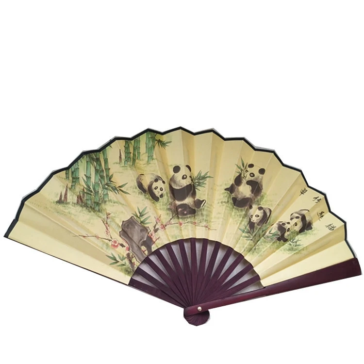 
Factory Price Yellow Silk Fabric Advertising Bamboo Paper Hand Folding Fan 