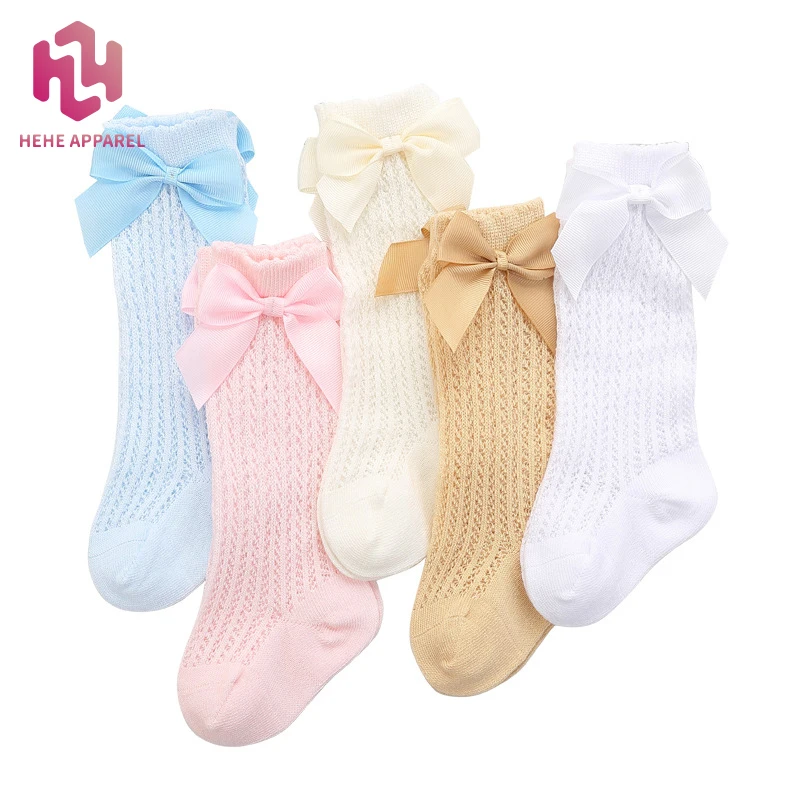 Летние носки HeHe для новорожденных девочек, сетчатые дышащие Ажурные Гольфы до колена, детские носки с бантом