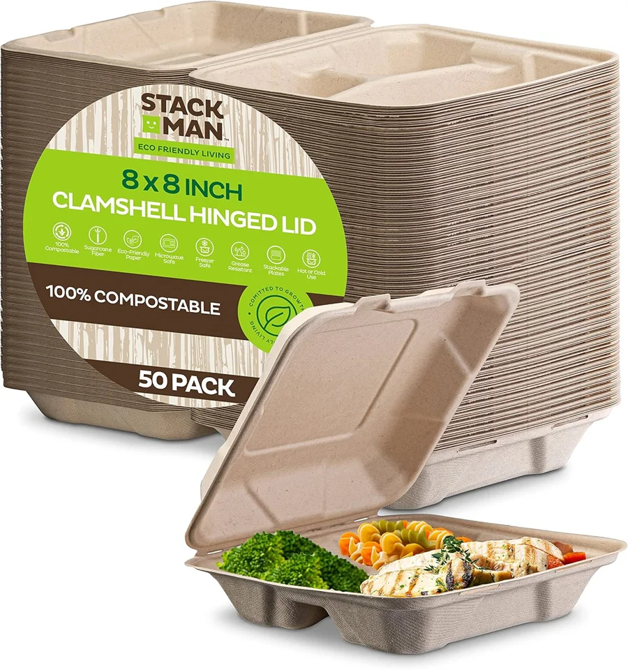 Grease-Proof 6x6 Clamshell Small Togo Container Disposable Microwavable Take Out Container Bamboo Pulp Boxes
