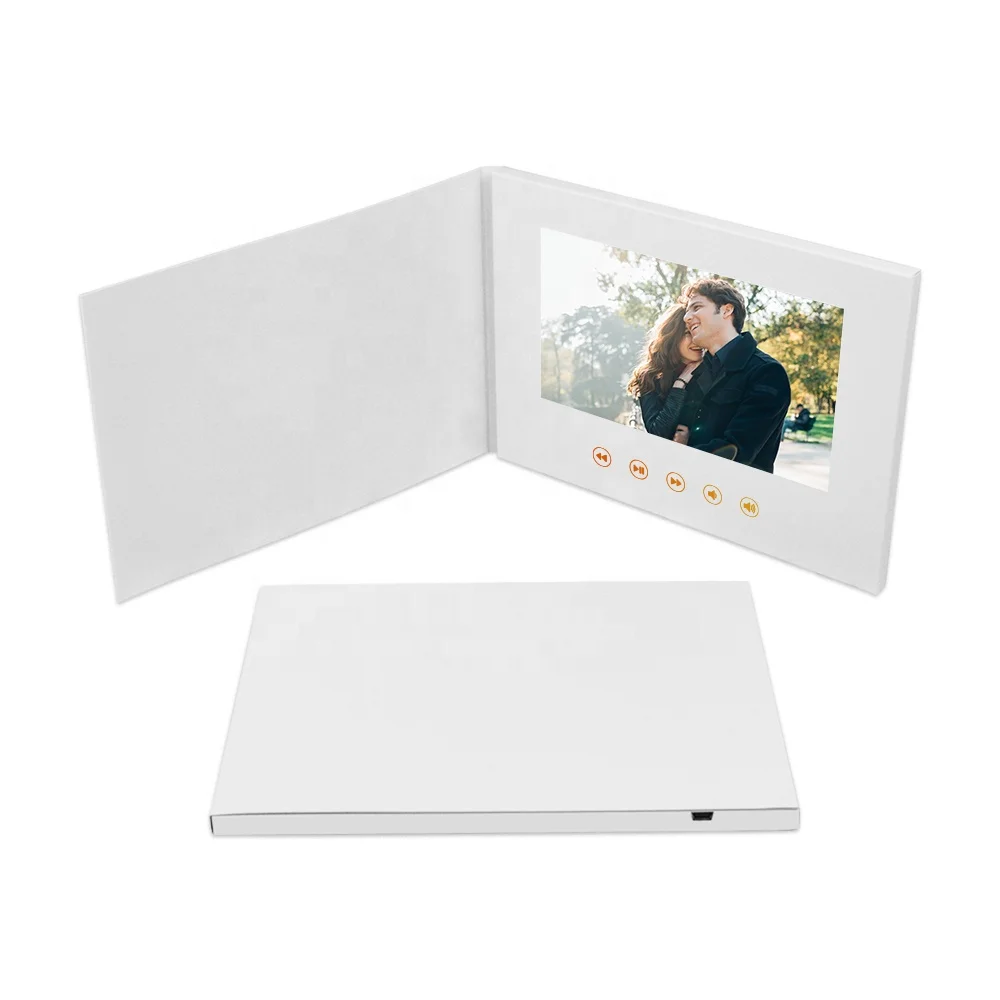 A5 white video brochure with 7 inch screen, memory, battery and button which play video music photo book LCD booklet card