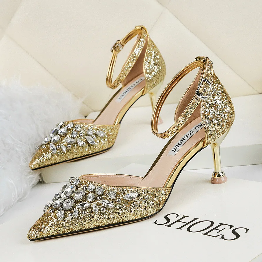2021 New Rhinestone High Heels Cinderella Shoes Women Pumps Pointed toe Woman Crystal Party Wedding Shoes 6.5cm heels
