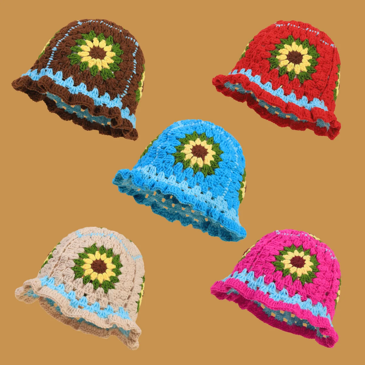New arrival women colorful striped hand made knitted hat hollow flower crochet cap bucket hat for wholesale