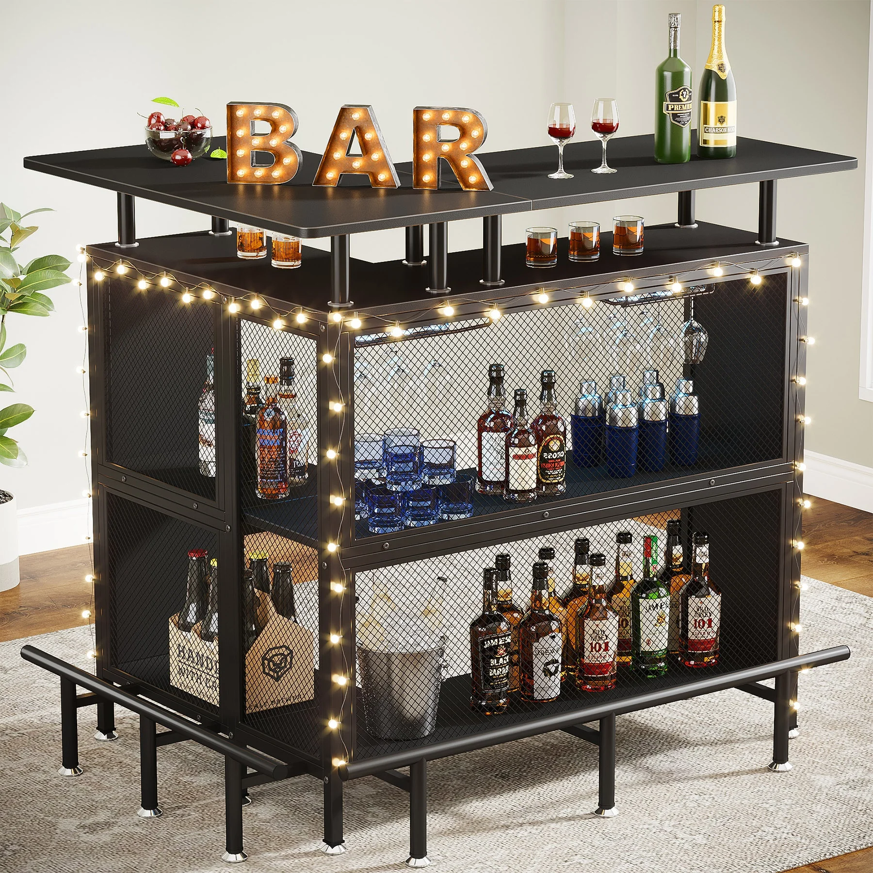 Mini Home Portable Black Liquor Cabinet Coffee Bar Unit Table with Storage and Footrest for Home Kitchen Bar Pub