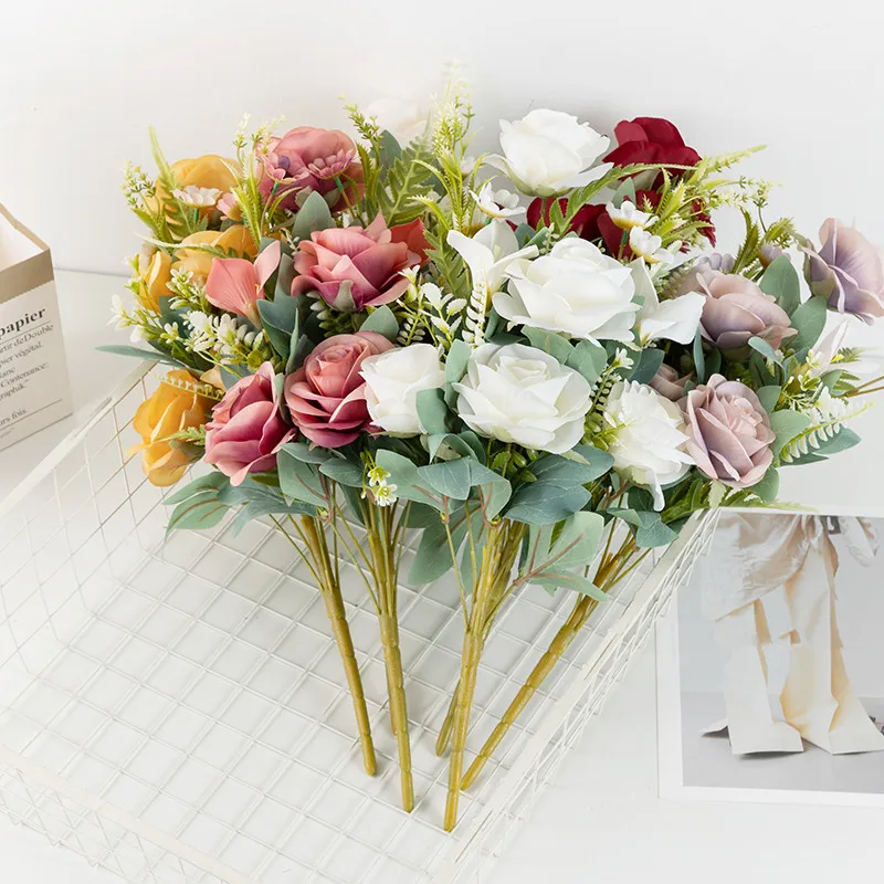 Hot Sale Artificial Rose Flowers Bouquet 11 Heads Fan Rose Bouquet For Wedding Decor