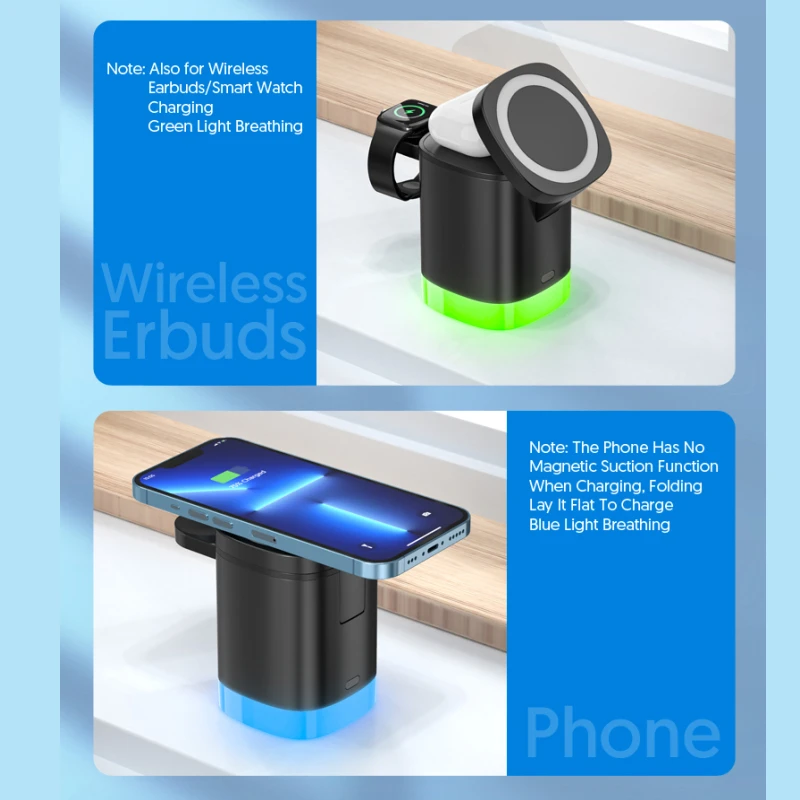 2022 New 3-in-1 RGB Light Mini Magnetic Wireless Charger Foldable 15W Fast Qi Lamp Wireless Charging Station for iphone 14 13 12