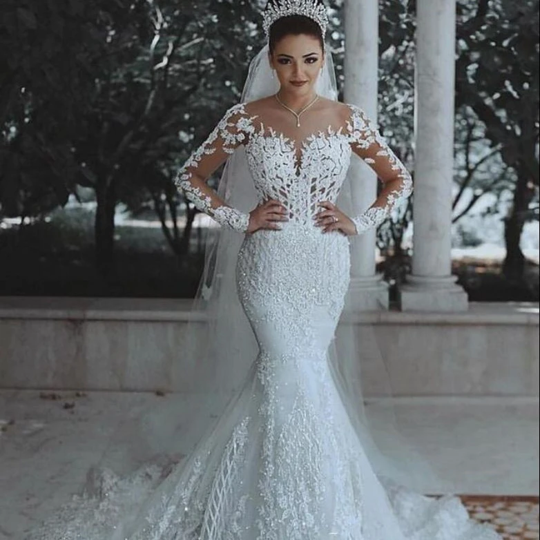High End Dinner Party Women Customized Mermaid Wedding Dresses Sexy V Neck See Through Sleeve Sequin Ball Gown Lace Bridal Dress