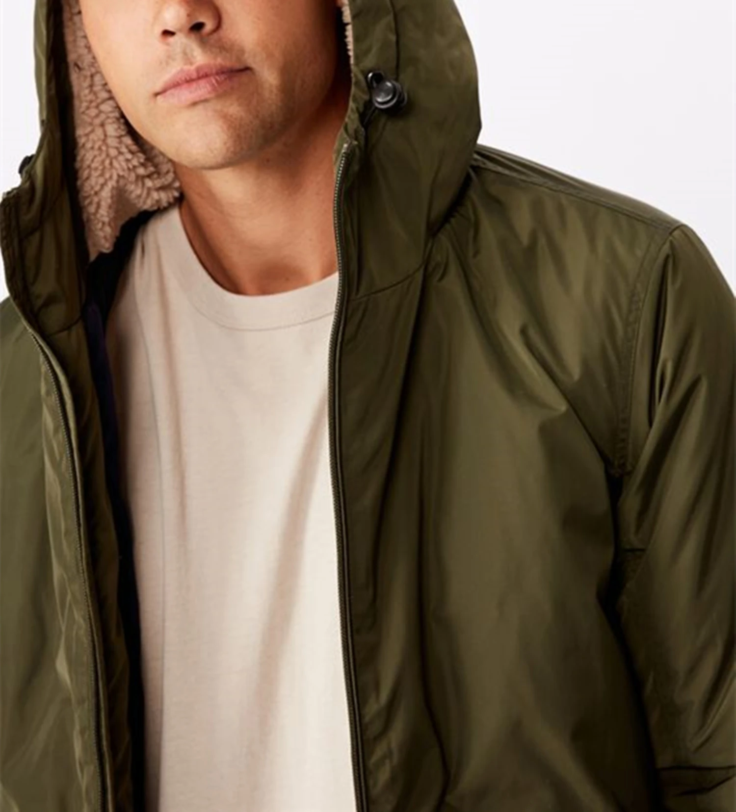 Custom green hooded polyester sherpa man jackets fleece faux fur bomber winter men coats