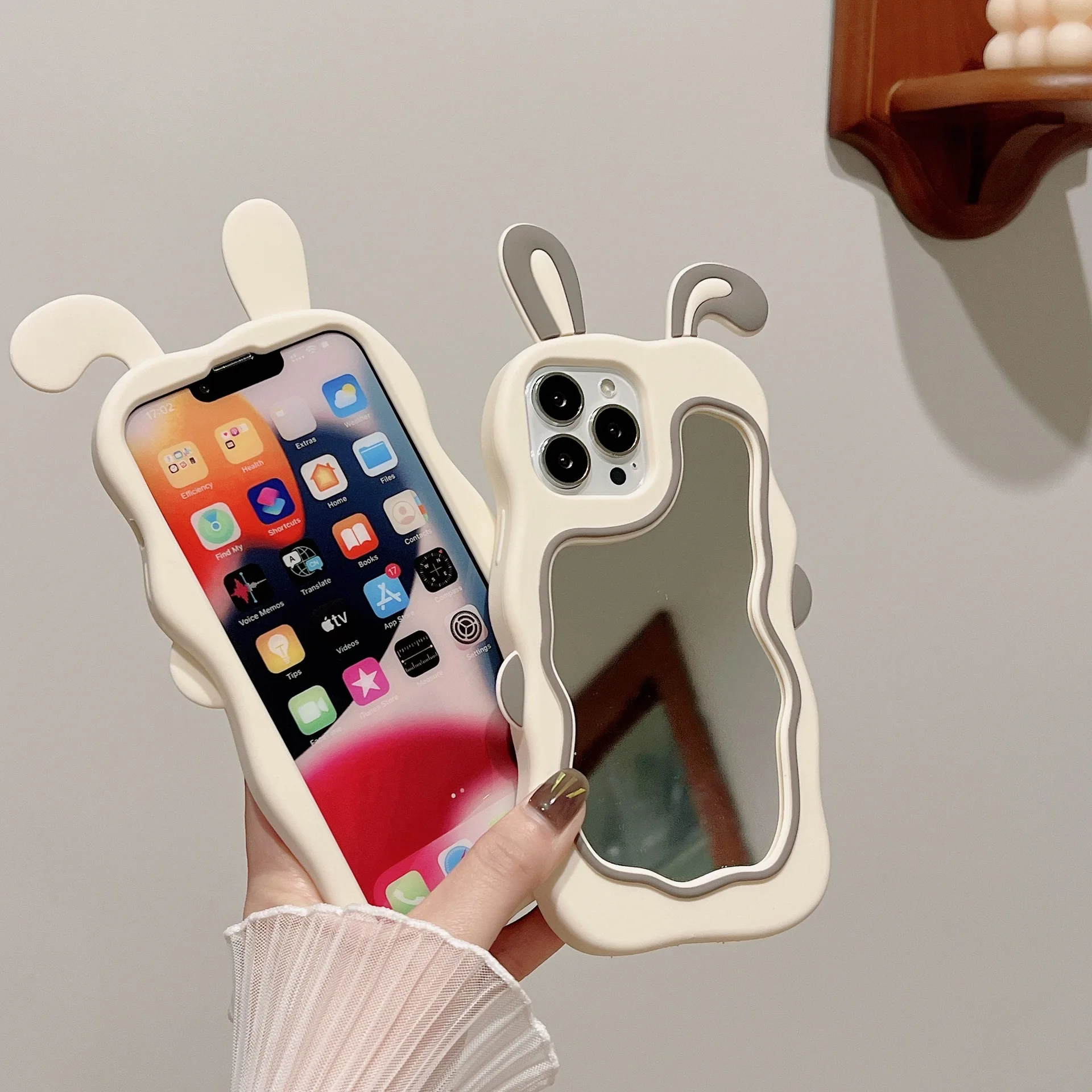 Cartoon Animals Cute Bunny Ears Silicon Mirror Mobile Cell Phone Case For Iphone 14 Pro Max