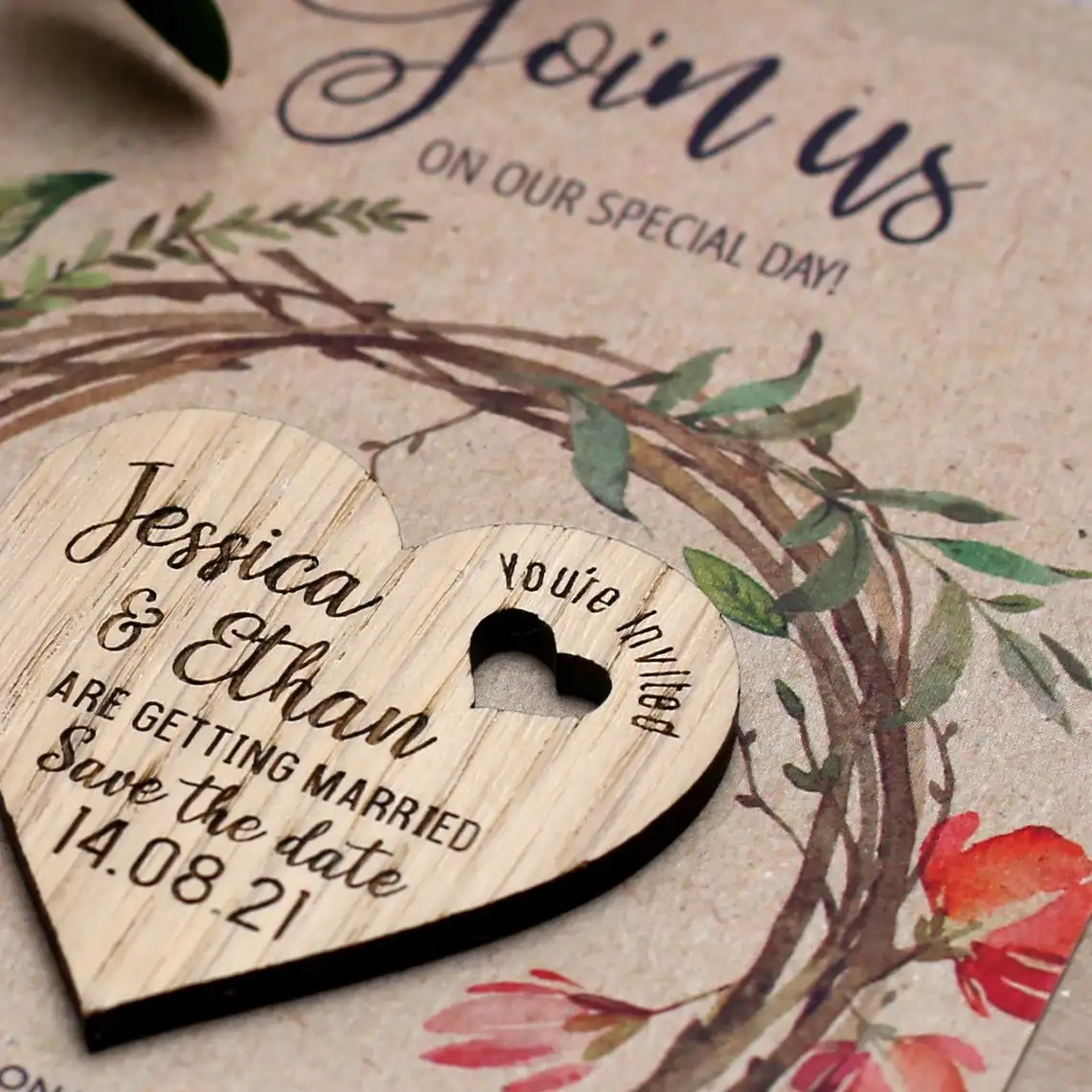 Personalised Luxury Save The Date Wooden Heart Wedding Magnets With Cards