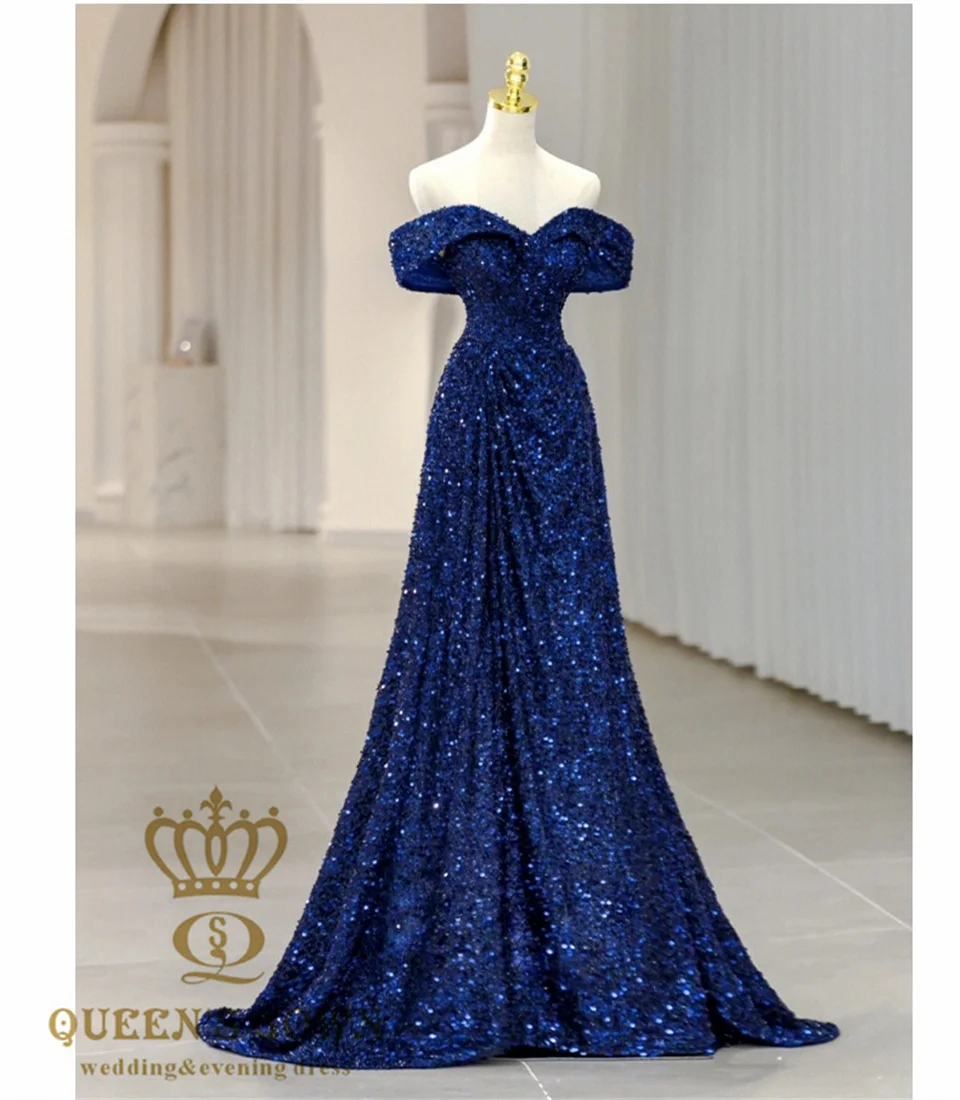 QUEENS GOWN shiny blue sequins evening gown portrait sweetheart backless party dress with sequins evening dress