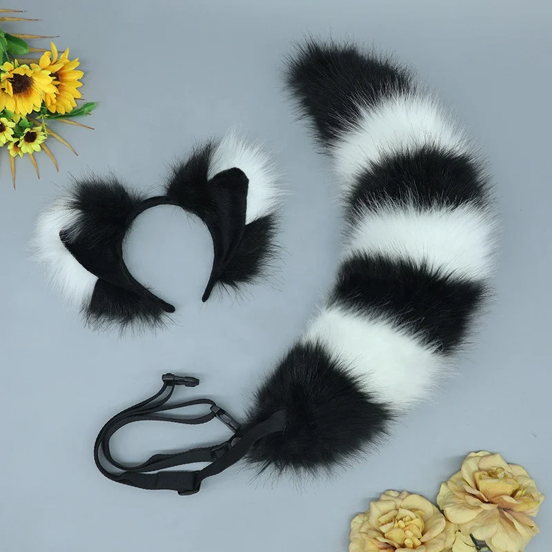 Animal Ears KC Headdress Halloween Raccoon Cosplay Costume Accessories Fox Fur Ears Headband and Tail 2PC Set for Women