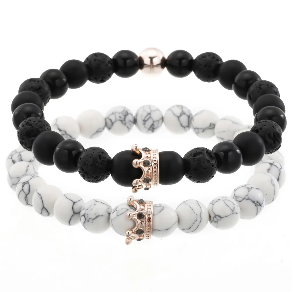 Hot selling crown diamond for men and women bracelet black frosted white turquoise couple set bracelet