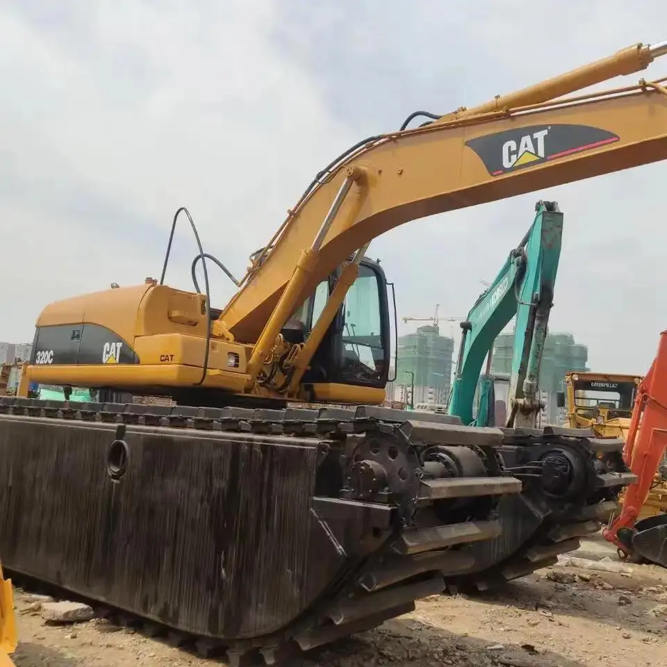 20ton caterpillar 320c Boat Digger used Amphibious Excavator with Side Pontoon for sale