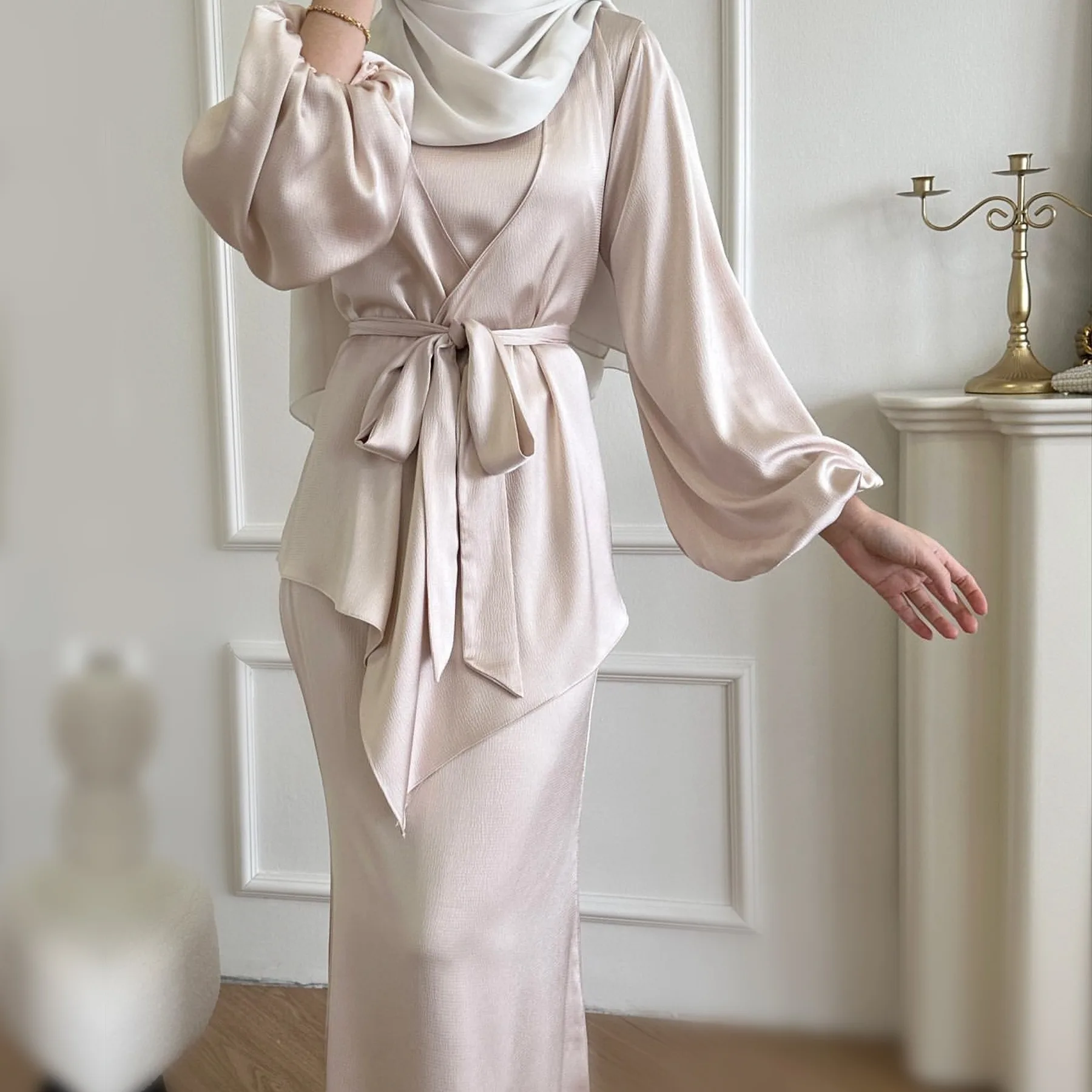 Middle East Arab Islamic Clothing Elegant Solid Color Jilbab 2 Piece Abaya Muslim Dress Women Turkish Dubai